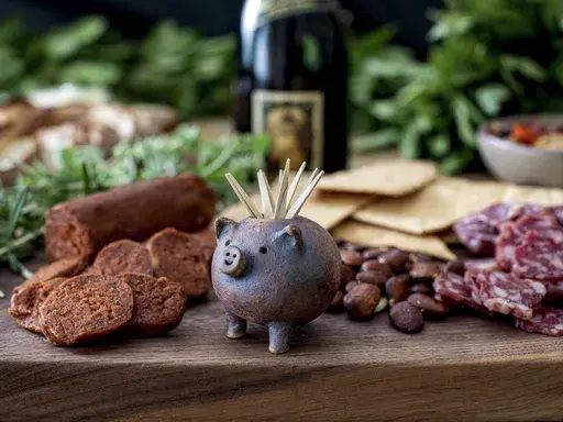This undated photo provided by Curate at Home LLC shows the signature ceramic pig toothpick holder from Curate Bar de Tapas in Asheville, N.C. (Quentin Bacon/Curate at Home LLC via AP)