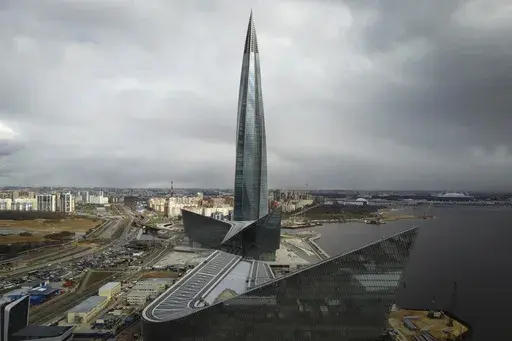 A view of the business tower Lakhta Centre, the headquarters of Russian gas monopoly Gazprom in St. Petersburg, Russia, April 27, 2022. (AP Photo/Dmitri Lovetsky, File)