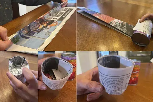 This combination of photos taken on March 2, 2025, show the steps in making a DIY seed pot from a sheet of newspaper. (Jessica Damiano via AP)