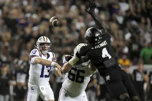 LSU quarterback Garrett Nussmeier (13) gets a pass by Texas A&M defensive lineman Shemar Stewart (4) for a first down catch during the first quarter of an NCAA college football game Saturday, Oct. 26, 2024, in College Station, Texas. (AP Photo/Sam Craft)