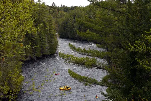 Whitewater rafters paddle on the Kennebec River in The Forks, Maine, on May 28, 2019. On the Kennebec River, conservation groups and state environmental agencies are pushing for the removal of four hydropower dams that block endangered Atlantic salmon from reaching habitat. The dams generate about 5% of the state’s renewable energy. (AP Photo/Robert F. Bukaty, File)