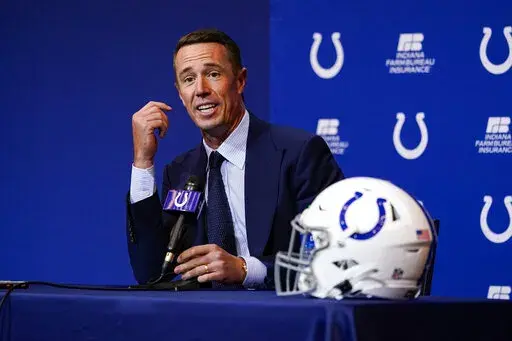 Indianapolis Colts quarterback Matt Ryan speaks during a press conference at the NFL team's practice facility in Indianapolis, Tuesday, March 22, 2022. (AP Photo/Michael Conroy)