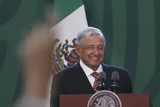 Mexican President Andres Manuel Lopez Obrador speaks during his daily morning press conference before officially inaugurating the Felipe Angeles International Airport (AIFA) north of Mexico City, March 21, 2022. (AP Photo/Marco Ugarte, File)