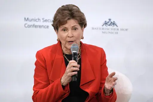 U.S. Senator Jeanne Shaheen speaks as she participates in a panel discussion during the Munich Security Conference at the Bayerischer Hof Hotel in Munich, Germany, Saturday, Feb. 15, 2025. (AP Photo/Matthias Schrader)