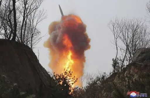 This photo provided by the North Korean government shows what it says is a ballistic missile in North Pyongan Province, North Korea, on March 19, 2023. North Korea says its ballistic missile launch over the weekend simulated a nuclear attack against South Korea. Independent journalists were not given access to cover the event depicted in this image distributed by the North Korean government. The content of this image is as provided and cannot be independently verified. Korean language watermark 