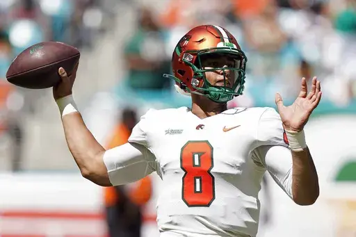 Florida A&M quarterback Jeremy Moussa (8) stands back to pass during the first half of the Orange Blossom Classic NCAA college football game against Florida A&M, Sunday, Sept. 4, 2022, in Miami Gardens, Fla. The heir apparent to ex-Jackson State star Shedeur Sanders as the league's top passer. Moussa passed for 2,732 yards and 21 touchdowns with 10 interceptions last season. He's the preseason first-team All-SWAC QB. (AP Photo/Lynne Sladky, File)