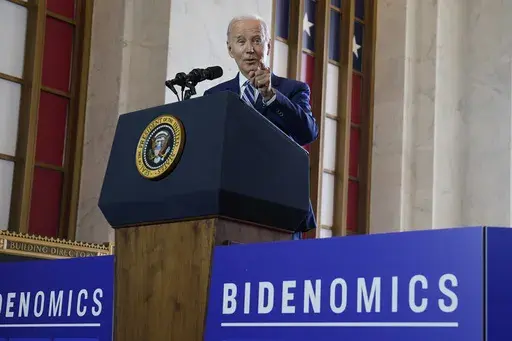 President Joe Biden delivers remarks on the economy, Wednesday, June 28, 2023, at the Old Post Office in Chicago. Biden has long struggled to neatly summarize his sprawling economic vision. On Wednesday, the president gave a speech on “Bidenomics” in the hopes that the term will lodge in voters’ brains ahead of the 2024 elections. But what is Bidenomics? Let’s just say the White House definition is different from the Republican one — evidence that catchphrases can be double-edged. (AP 