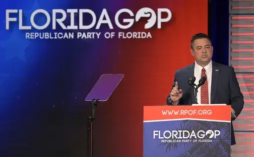 Florida Party of Florida Chairman Christian Ziegler addresses attendees at the Republican Party of Florida Freedom Summit, Nov. 4, 2023, in Kissimmee, Fla. The Republican Party of Florida suspended Ziegler and demanded his resignation during an emergency meeting Sunday, Dec. 17, adding to calls by Gov. Ron DeSantis and other top officials for him to step down as police investigate a rape accusation against him. (AP Photo/Phelan M. Ebenhack)