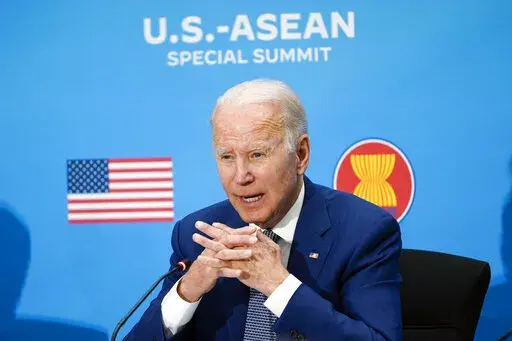 President Joe Biden participates in the U.S.-ASEAN Special Summit to commemorate 45 years of U.S.-ASEAN relations at the State Department in Washington, Friday, May 13, 2022. (AP Photo/Susan Walsh)