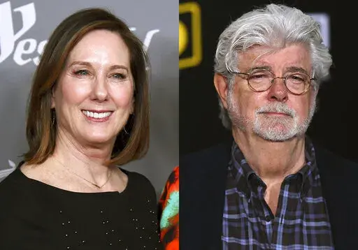 Kathleen Kennedy appears at the 20th annual Costume Designers Guild Awards in Beverly Hills, Calif., on Feb. 20, 2018, left, and George Lucas appears at the premiere of "Solo: A Star Wars Story" in Los Angeles on May 10, 2018.  Kennedy and Lucas, stewards of the "Star Wars" universe are being honored by the Producers Guild of America for their contributions to the film industry. The PGA said Friday, Jan. 14, 2022, that the pair will receive the Milestone Award at the Producers Guild Awards in Ma