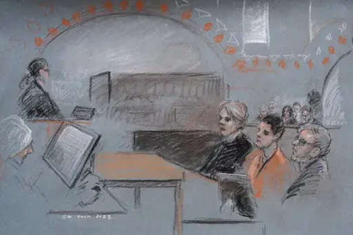 In this artist depiction, Massachusetts Air National Guardsman Jack Teixeira, seated second from right, appears in U.S. District Court, in Boston, April 19, 2023. Teixeira, accused of leaking highly classified military documents on a social media platform, is due back in court on June 21, after being indicted on federal felony charges. (Margaret Small via AP)