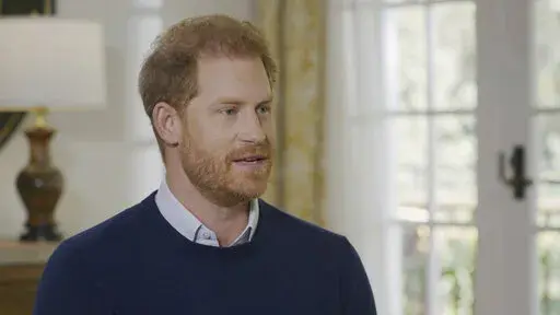 This undated screengrab issued by ITV on Friday Jan. 6, 2023 shows Britain's Prince Harry speaking during an interview with ITV's Tom Bradby for the programme Harry: The Interview. (Harry: The Interview on ITV1 and ITVX at 9pm on January 8/PA via AP)
