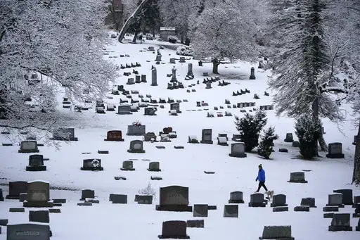 A man walks through the snow covered Mount Lebanon Cemetery in Mount Lebanon, Pa., on Monday, Jan. 23, 2023. U.S. deaths fell in 2022, as COVID-19 fatalities dropped by half from 2021 and the coronavirus dropped from being the nation's third leading cause of death to the fourth. The Centers for Disease Control and Prevention reported the 2022 numbers on Thursday, May 4, 2023, cautioning that they are preliminary and may change a little after further analysis. (AP Photo/Gene J. Puskar, File)