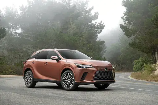 This photo provided by Toyota shows the Lexus RX 350, a midsize luxury SUV that has been fully redesigned for the 2023 model year. (Courtesy of Toyota Motor Sales U.S.A. via AP)