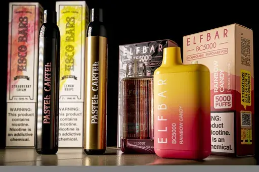 Elf Bar and Esco Bar flavored disposable vaping devices are displayed in Washington on Monday, June 26, 2023. (AP Photo/Andrew Harnik, File)
