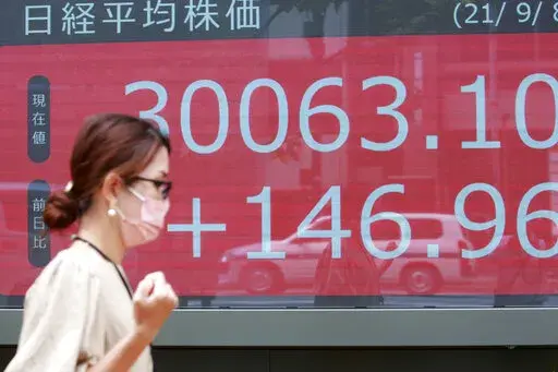 A woman walks by an electronic stock board of a securities firm in Tokyo, Wednesday, Sept. 8, 2021. Stocks were mixed in Asia on Wednesday after Wall Street closed mostly lower as traders returned from the Labor Day holiday. (AP Photo/Koji Sasahara)