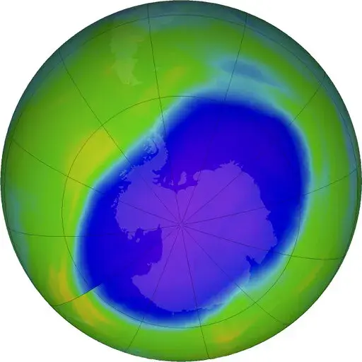 In this NASA false-color image, the blue and purple shows the hole in Earth's protective ozone layer over Antarctica on Oct. 5, 2022. It has generally been shrinking but grew to a moderately large size this year because of weather conditions. (NASA via AP)