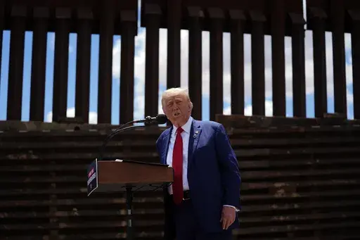 Republican presidential nominee former President Donald Trump speaks along the southern border with Mexico, on Aug. 22, 2024, in Sierra Vista, Ariz. (AP Photo/Evan Vucci, File)