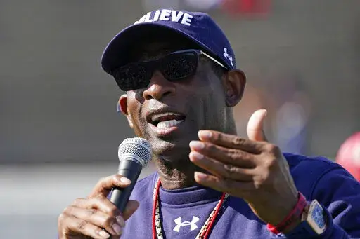 Jackson State football coach Deion Sanders speaks to the fans prior to the Jackson State's Blue and White Spring football game, an NCAA college football contest, on April 24, 2022, in Jackson, Miss. Sanders has emerged as the most high-profile advocate for the league and HBCUs in general, but his colleagues are embracing potential change and celebrating the status quo as well. Sanders touted the league’s “exponential growth” Thursday, July 21, 2022, at the media day amid a challenging back