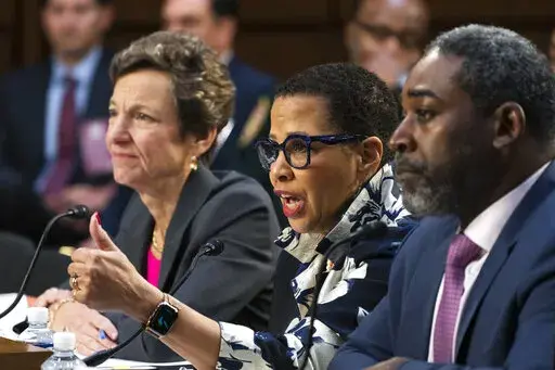 American Bar Association Standing Committee on the Federal Judiciary's Ann Claire Williams, center, D. Jean Veta, left, and Joseph Drayton, right, testify during a Senate Judiciary Committee's confirmation hearing of Supreme Court nominee Ketanji Brown Jackson, on Capitol Hill in Washington, Thursday, March 24, 2022. (AP Photo/Manuel Balce Ceneta)
