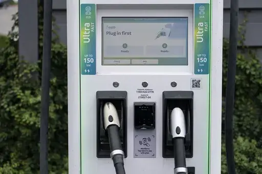 A charging station with Combined Charging System (CCS) plugs is seen in Anaheim, Calif., Friday, June 9, 2023. Owners of General Motors and Ford electric vehicles will be able charge at many of Tesla's large network of stations across the U.S. starting next year. (AP Photo/Jae C. Hong)