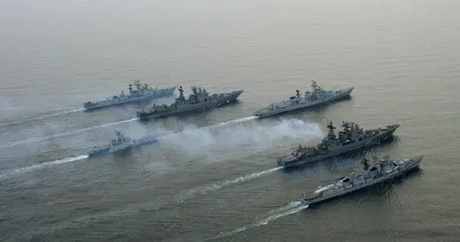 FILE- Russian and Indian warships take part in joint naval exercises near the Russia's Pacific port of Vladivostok, about 6,400 km (4,000 miles) east of Moscow, April 26, 2007. India considers Russia a time-tested ally from the Cold War era with key cooperation in defense, oil, nuclear energy and space exploration. But that partnership has become fraught since Moscow started developing closer ties with India's main rival, China, because of the war against Ukraine. (AP Photo, File)