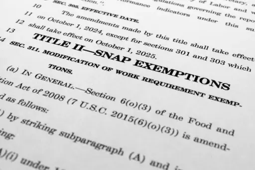 The draft of a bill that President Joe Biden and House Speaker Kevin McCarthy of Calif., negotiated to raise the nation's debt ceiling, is photographed Monday, May 29, 2023. A Republican attempt to expand work requirements for federal food aid in debt legislation moving through Congress would increase federal spending by $2.1 billion over ten years — far from the cuts GOP lawmakers had envisioned. (AP Photo/Jon Elswick)