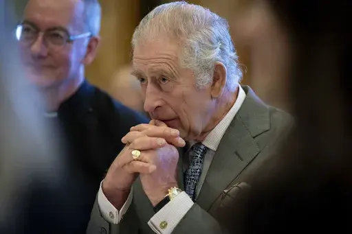 Britain's King Charles III hosts a gathering of young UK community and faith leaders to discuss the challenges their communities face, at Buckingham Palace, in London, Dec. 13, 2023. King Charles III has arrived at a private London hospital to undergo a “corrective procedure” for an enlarged prostate, Buckingham Place said Friday Jan. 26, 2024. (Aaron Chown/Pool Photo via AP, File)