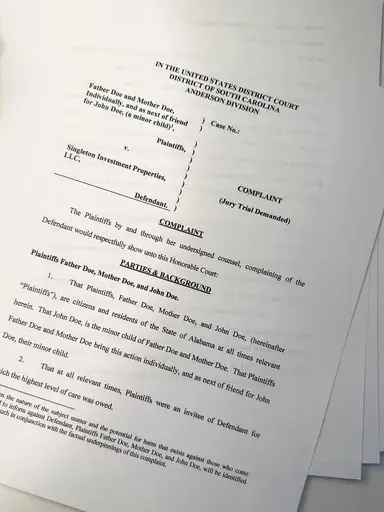 A lawsuit is seen on Thursday, July 27, 2023, in Atlanta. The parents of a teenager with special needs say he was repeatedly sexually assaulted and raped by an employee at the small private boarding school in South Carolina. They have sued the school's parent company, which has denied the allegations. (AP Photo/Brynn Anderson)
