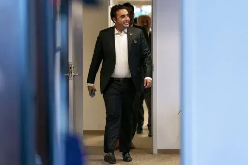 Pakistani Foreign Minister Bilawal Bhutto Zardari arrives for an interview with the Associated Press at the Pakistan Embassy, in Washington, Tuesday, Sept. 27, 2022. (AP Photo/Andrew Harnik)