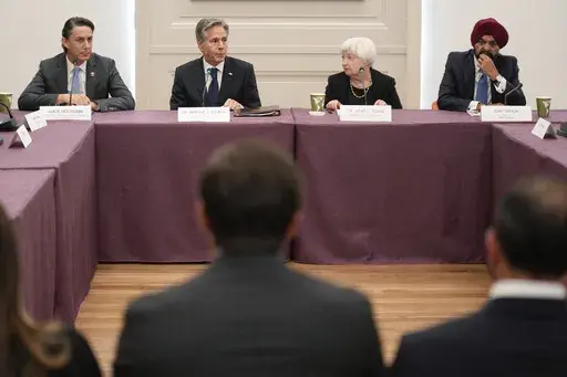 Secretary of State Antony Blinken, second from left, participates in global infrastructure and investment forum with Amos Hochstein, left, senior advisor to the president on energy and and investment, Janet Yellen, second from right, United States Secretary of Treasury, and Ajay Banga, right, World Bank president, in New York, Sept. 21, 2023. Economic crises are rippling through the countries bordering Israel. That raises the possibility of a chain reaction from the war against Hamas that furthe