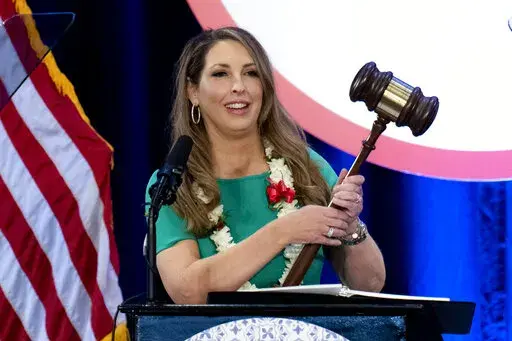 Re-elected Republican National Committee Chair Ronna McDaniel holds a gavel while speaking at the committee's winter meeting in Dana Point, Calif., Friday, Jan. 27, 2023. (AP Photo/Jae C. Hong)