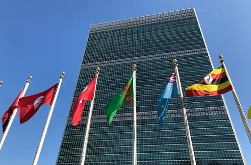 Flags fly outside the United Nations headquarters Sept. 28, 2019. (AP Photo/Jennifer Peltz, File)
