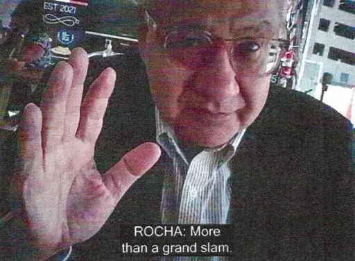 This image provided by the U.S. Justice Department and contained in the affidavit in support of a criminal complaint, shows Manuel Rocha during a meeting with a FBI undercover employee. On Thursday, Feb. 29, 2024, Rocha, 73, told a judge he would admit to federal counts of conspiring to act as an agent of a foreign government, charges that could land him behind bars for several years. (Justice Department via AP, File)