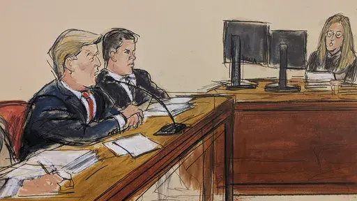This artist sketch depicts former President Donald Trump, far left, pleading not guilty as the Clerk of the Court reads the charges and asks him "How do you plea?" Tuesday, April 4, 2023, in a Manhattan courtroom in New York, as his attorney Joseph Tacopina, center, watches. Trump is expected in court Thursday, Feb. 15, 2024, for an important hearing in his New York hush-money criminal case, which now appears increasingly likely to go to trial next month. Judge Juan Manuel Merchan is expected to