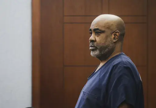 Duane “Keffe D” Davis, who is accused of orchestrating the 1996 slaying of hip-hop music icon Tupac Shakur, appears in court for a hearing at the Regional Justice Center in Las Vegas, Tuesday, Jan. 9, 2024. (Rachel Aston/Las Vegas Review-Journal via AP, Pool)