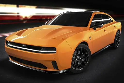 This photo provided by Dodge shows the upcoming Charger sedan. This four-door will be powered by either a six-cylinder gasoline engine or an electric drivetrain. (Courtesy of Stellantis via AP)
