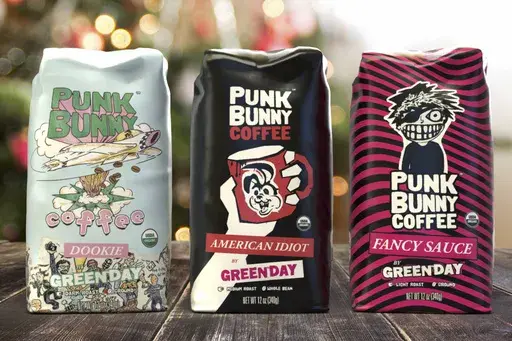 This image released by Punk Bunny Coffee shows varieties of Green Day's coffee brand, from left, Dookie Roast, American Idiot Roast and Fancy Sauce Roast. (Punk Bunny Coffee via AP)
