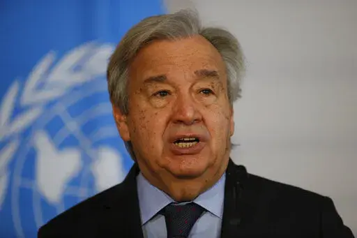 The Secretary-General of the United Nations, Antonio Guterres, addresses the media during a joint press conference with the President of Austria, Alexander Van der Bellen, in Vienna, Austria, Wednesday, May 11, 2022. Guterres is on Wednesday, May 18 launching a five-point plan to jump-start broader use of renewable energies as the U.N. weather agency reported that greenhouse gas concentrations, ocean heat, sea-level rise, and ocean acidification hit new records last year. (AP Photo/Theresa Wey, 