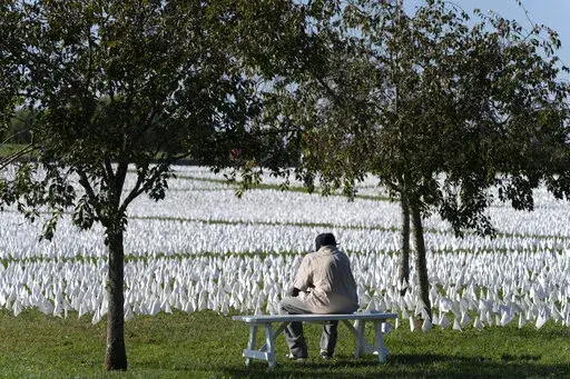 A visitor sits on a bench to look artist Suzanne Brennan Firstenberg's "In America: Remember," a temporary art installation made up of white flags to commemorate Americans who have died of COVID-19, on the National Mall in Washington on Oct. 2, 2021. The number of U.S. deaths has dropped in 2022 after soaring for two years during the COVID-19 pandemic, but it still is much higher than the levels before the coronavirus hit. (AP Photo/Jose Luis Magana, File)
