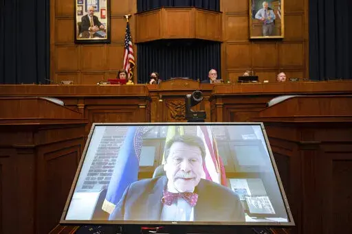 Food and Drug Administration Commissioner Robert Califf testifies via video during a House Commerce Oversight and Investigations subcommittee hybrid hearing on the nationwide baby formula shortage on Wednesday, May 25, 2022, in Washington. (AP Photo/Kevin Wolf)