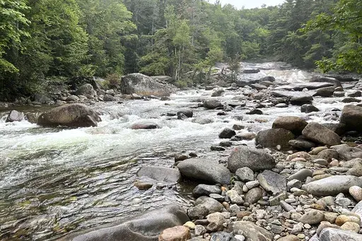 This Tuesday Aug. 15, 2023 photo provided by the New Hampshire Fish and Game Department shows Franconia Brook as is flows several hundred yards below Franconia Falls, in the White Mountain National Forest, in Lincoln, N.H. Authorities say a Massachusetts mother has drowned trying to rescue her young son who was being pulled by the current at Franconia Falls, Tuesday, Aug. 15. (Conservation Officer Jon Demler/New Hampshire Fish and Game Department via AP)