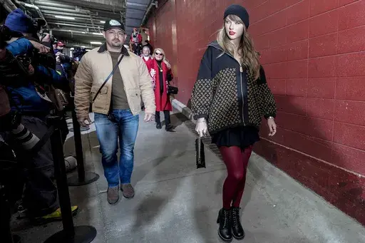 Taylor Swift arrives to Arrowhead Stadium before the AFC Championship NFL football game against the Buffalo Bills, Sunday, Jan. 26, 2025, in Kansas City, Mo. (AP Photo/Ashley Landis)