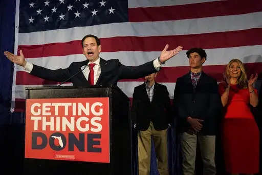 Sen. Marco Rubio, left, R-Fla., celebrates with his family as he talks to supporters during an Election Night party, Tuesday, Nov. 8, 2012, in Miami. (AP Photo/Wilfredo Lee)