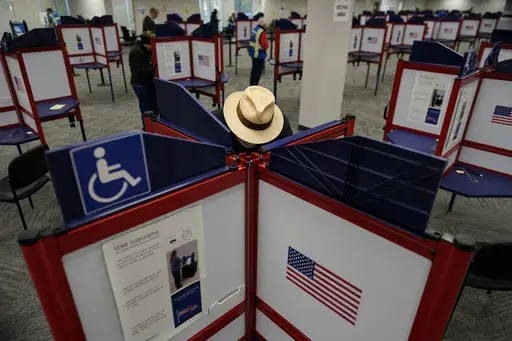 Rod Sommer stands in a partitioned booth and fills out his ballot during early in-person voting at the Hamilton County Board of Elections in Cincinnati, Wednesday, Oct. 11, 2023. (AP Photo/Carolyn Kaster, File)