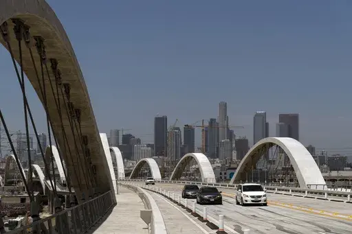 Cars move along the 6th Street Viaduct in Los Angeles, Wednesday, July 27, 2022. Police say a 17-year-old boy slipped and fell to his death this weekend while climbing a Los Angeles bridge in an apparent social media stunt. (AP Photo/Jae C. Hong, File)