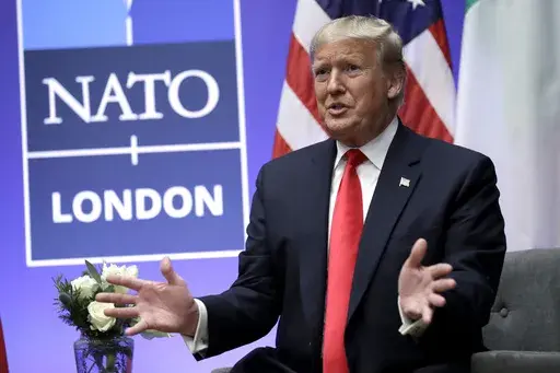 President Donald Trump speaks during the NATO summit, Dec. 4, 2019, in Watford, England. NATO allies are gathering in Washington for a summit this week, and the prospect that former President Trump, the military alliance's most prominent critic, may return to power is dominating discussions. President Joe Biden's shaky performance in the presidential debate last month escalated doubts about his reelection. It's given rise to the term "Trump-proofing" or "future-proofing" NATO, making the allianc
