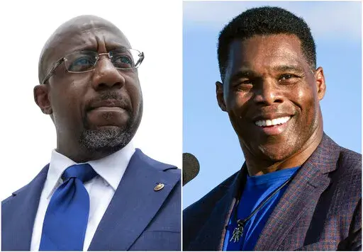 This combination of photos shows, Sen. Raphael Warnock, D-Ga., speaking to reporters on Capitol Hill in Washington, Aug. 3, 2021, left, and Republican Senate candidate Herschel Walker speaking in Perry, Ga., Sept. 25, 2021. (AP Photo)