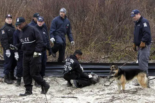 Law enforcement and emergency personnel examine an object on the side of the road, center, near Jones Beach on April 11, 2011, in Wantagh, N.Y. A Long Island architect has been charged, Friday, July 14, 2023, with murder in the deaths of three of the 11 victims in a long-unsolved string of killings known as the Gilgo Beach murders. (AP Photo/Seth Wenig, File)