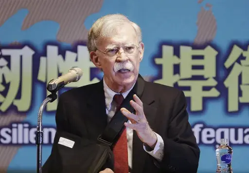 Former U.S. national security advisor John Bolton delivers a speech to discuss a subject titled ''Maintaining Long Term Peace and Security in Taiwan'' at the Global Taiwan National Affair Symposium XII in Taipei, Taiwan, Saturday, April 29, 2023. (AP Photo/Chiang Ying-ying)